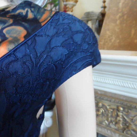 New Fotini Navy Blue Lace Dress w/Orange-Blue Abstract Print Inserts Size 8 - Picture 13 of 16